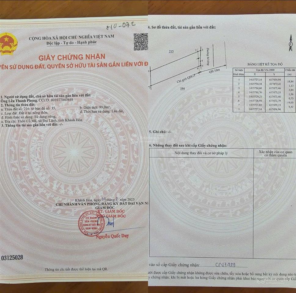 Đất full thổ cư cần chuyển nhượng tại xã đại lãnh, khánh hòa