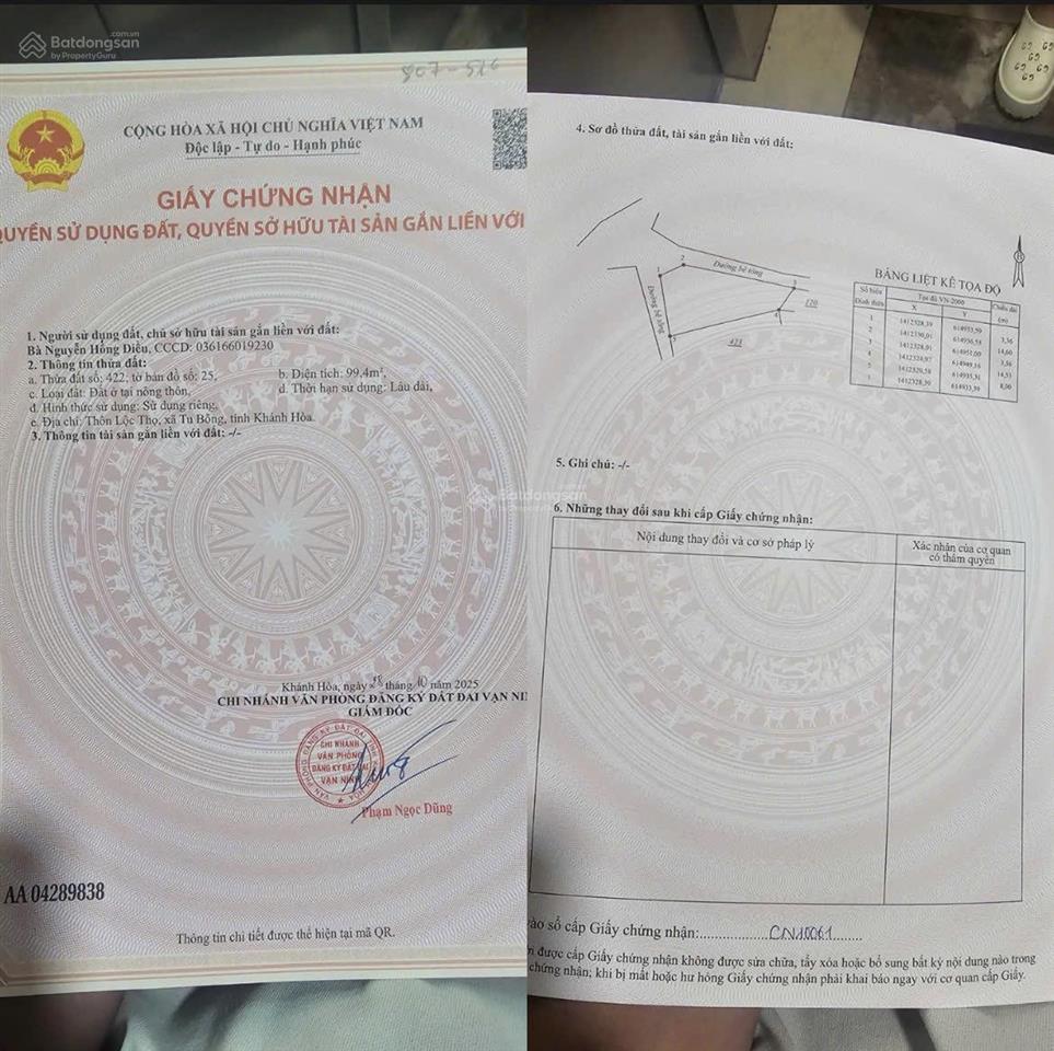 Bán đất thổ cư thôn lộc thọ, xã tu bông