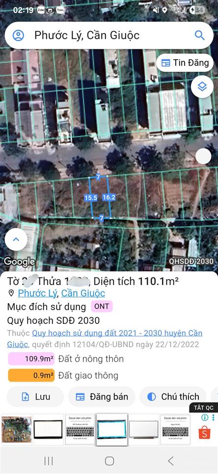 Nền 110m2 ngang 7m nở hậu, ra mặt tiền gần đường 835b, xã phước lý, cần giuộc, long an, 1.04tỷ