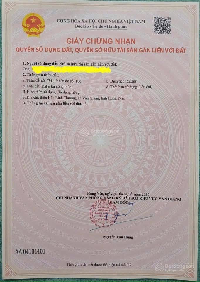Chính chủ gửi bán 52,2m2 hoà bình thượng, văn giang, đường thông giáp dự án vin 2, 3
