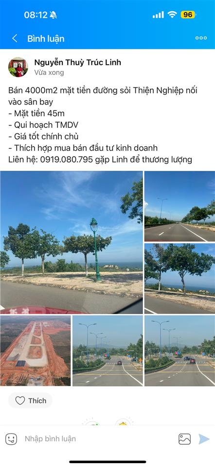 Bán 4000m2 mặt tiền đường sỏi thiện nghiệp nối sân bay .  0919 080 *** gặp linh