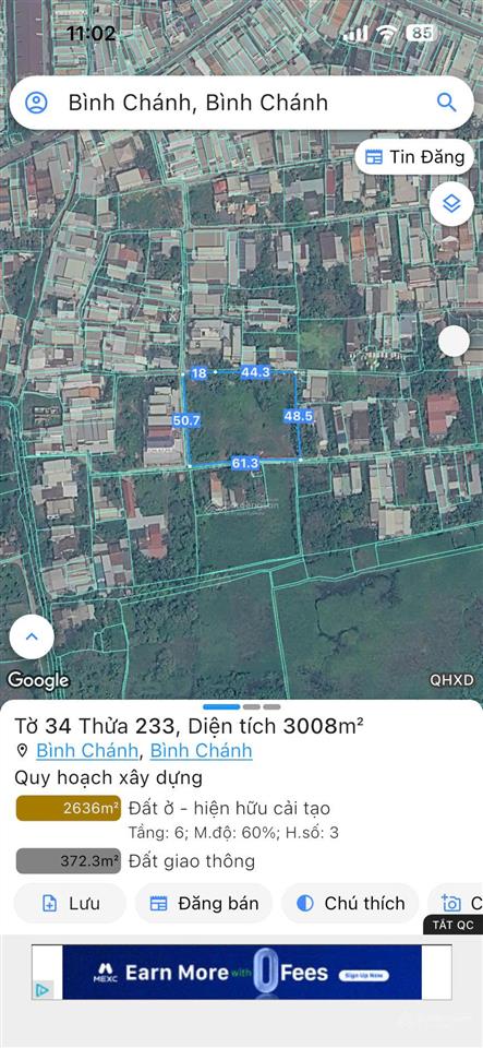Lô đất 3mt ngay đường đinh đức thiệnchợ bình chánh. thích hợp phân lô. 3044m2(50x61) gía cực rẻ