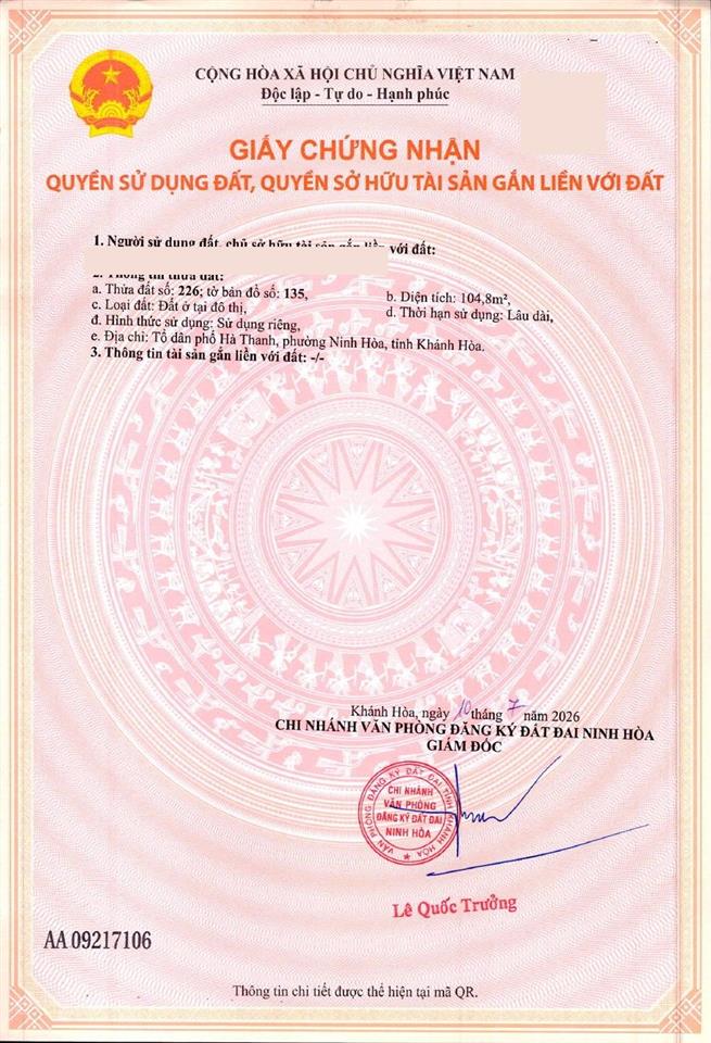 Bán đất ninh hòa gần cao tốc 104,6m2 thổ cư sổ riêng, hà thanh (ninh đa cũ)  620 triệu