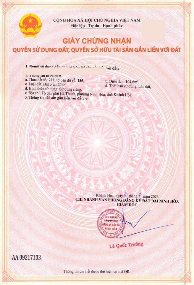 Bán đất ninh hòa gần cao tốc 104,6m2 thổ cư sổ riêng, hà thanh (ninh đa cũ)  620 triệu