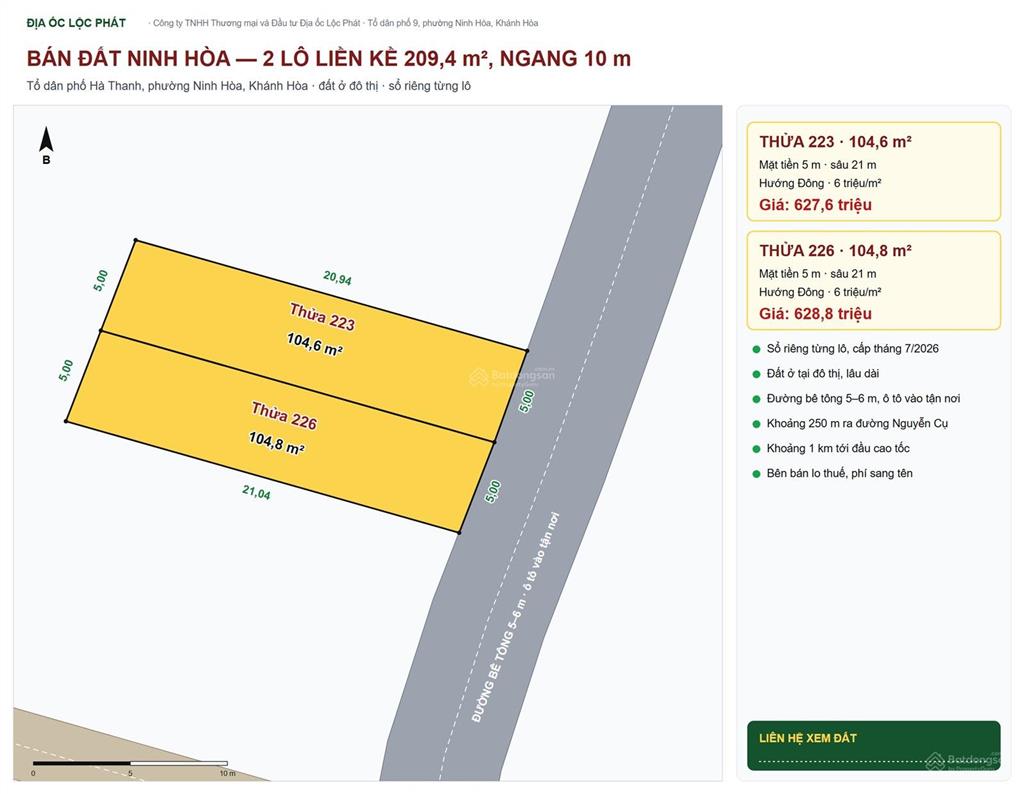 Bán đất ninh hòa gần cao tốc 104,6m2 thổ cư sổ riêng, hà thanh (ninh đa cũ)  620 triệu