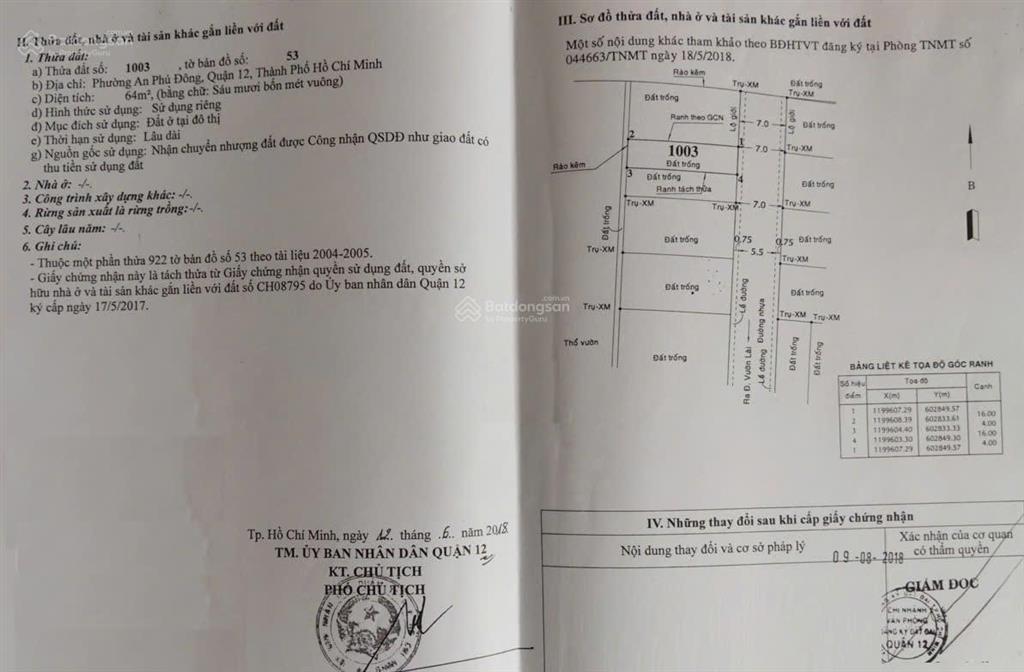 Chính chủ cần bán đất nền 4 x 16 = 64 m², sổ hồng riêng khu vực vườn lài, phường an phú đông
