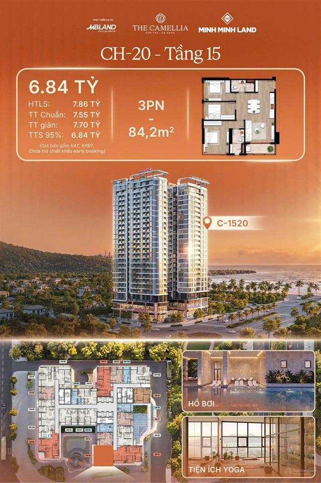 Bán căn góc 3pn tầng 15 the camellia sơn trà  đà nẵng, 84.2m2 sở hữu lâu dài, giá chỉ 6.84 tỷ