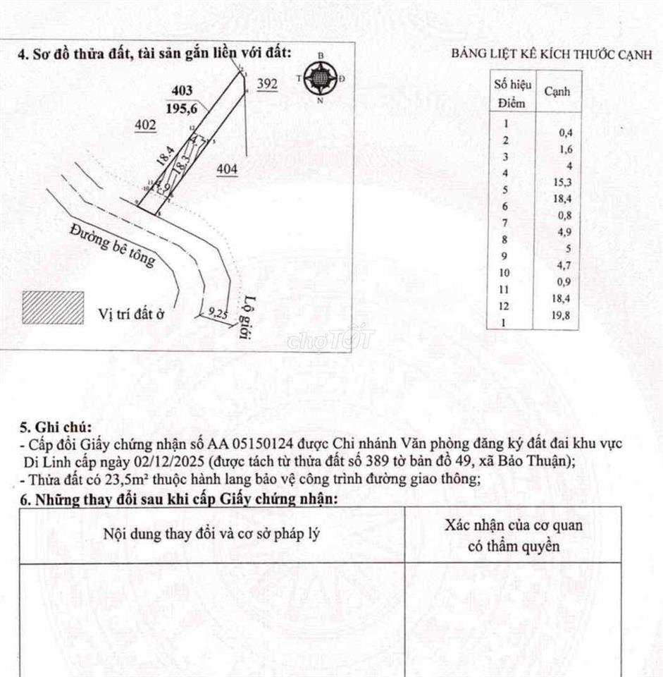 Đất ở 198m2 ngang 6m MT đường rộng Bảo Thuận, Di Linh 450 triệu