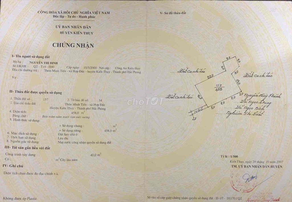 Đất 462m2 thôn Minh Tiến, Hợp Đức, Đồ Sơn chỉ 5 tỷ đồng