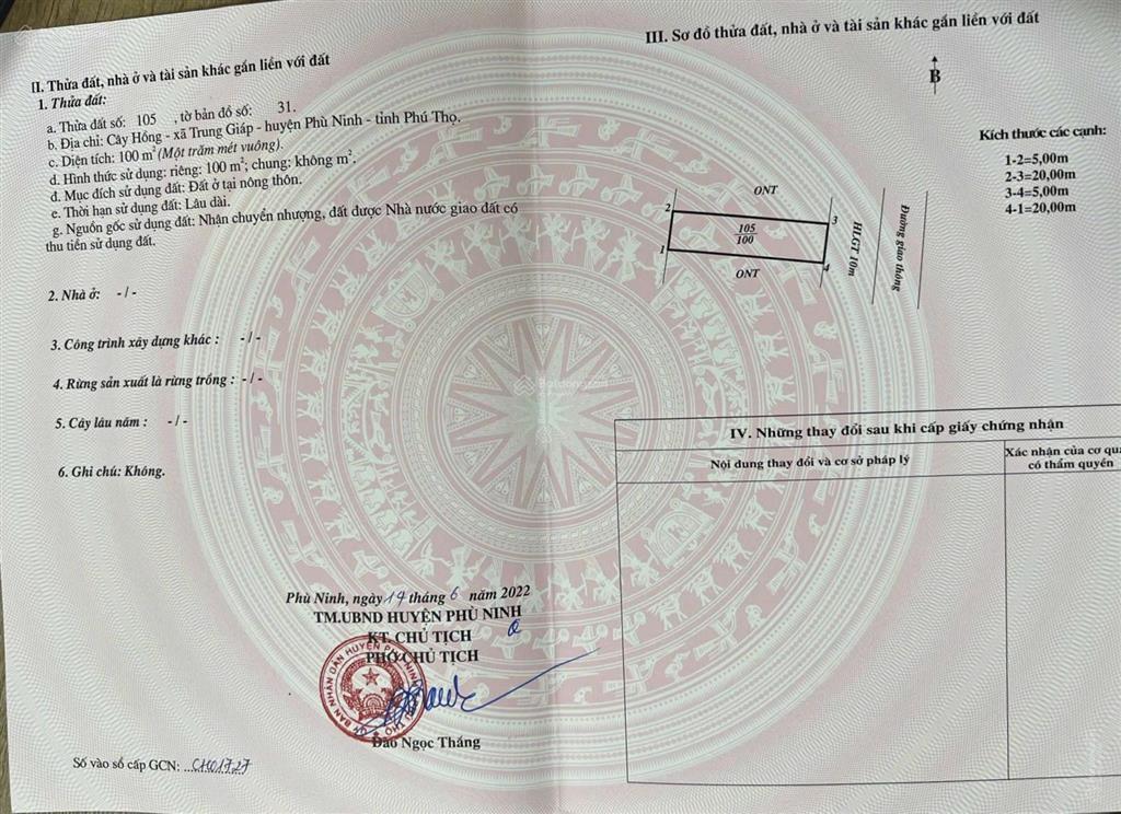 Bán gấp đất thổ cư đt 326  đt 323d, bảo thanh, phù ninh, 20 triệu / m2, 86 m2
