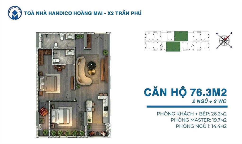 Bán căn hộ 2pn, 2wc tại handico riverside, 76,3m2 view sông hồng, phường trần phú, quận hoàng mai