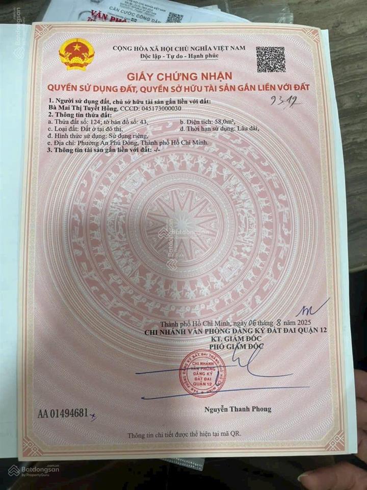 Bán đất 1 sẹc đường hà huy giáp, gần cầu an lộc về gò vấp 4.8mx12m