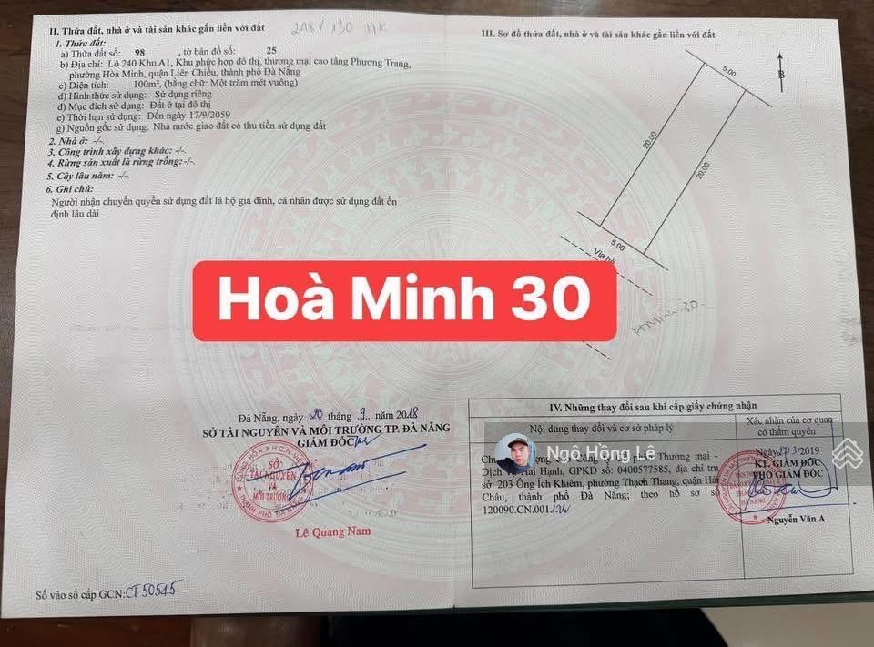 Bán lô đất khu a1 phương trang , đường hoà minh 30 gần biển , thông nguyễn sinh sắc