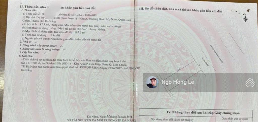 Bán lô đất biệt thự khu a1 golden hill đường 15m trục chính