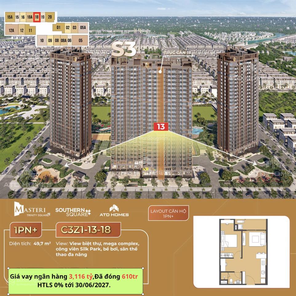Chính chủ cắt lỗ căn 1pn+ dự án masteri trinity square, 0931 328 ***.được htls tới 7/2027