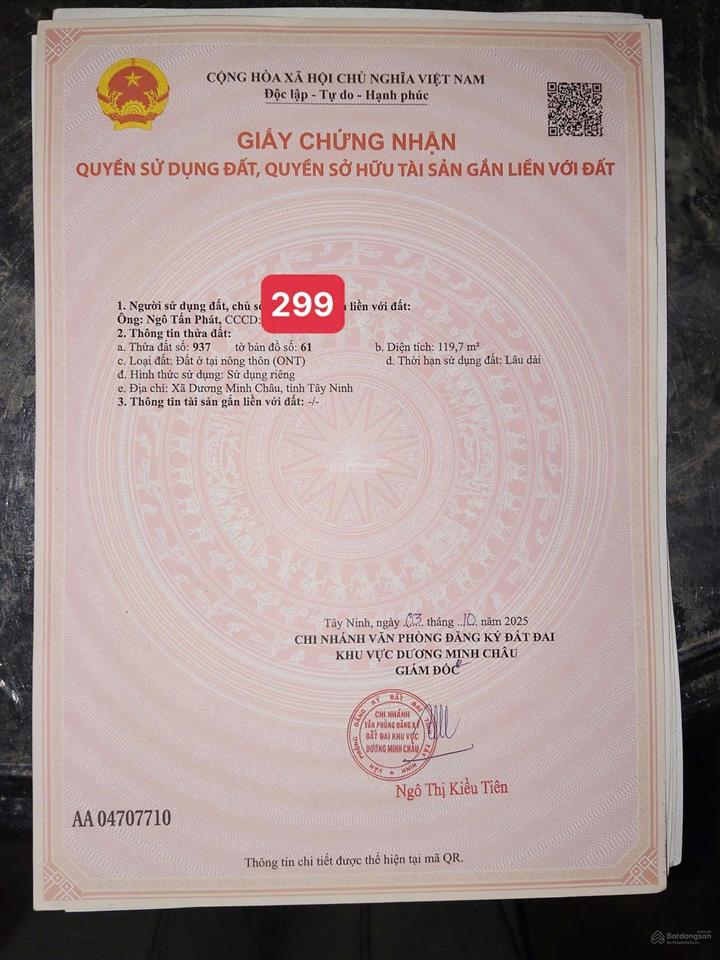 Bán đất nhìn trực diện núi bà đen 299tr sổ sẵn công chứng