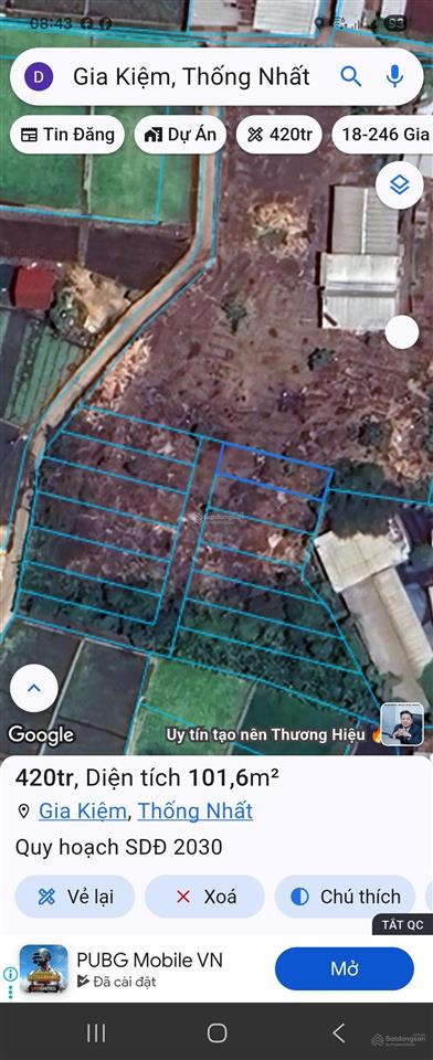 Bán đất thổ cư, tài chính thấp giá chỉ 420tr còn tl thuộc phúc nhạc xã gia kiệm. 5,4x18m2. shr, tc