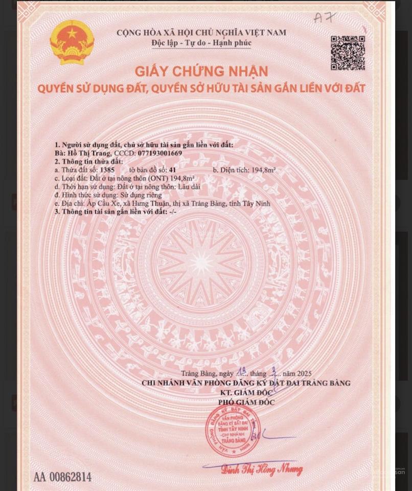 Bán 194,8m2 (9,5x20,9m) full thổ cư đất vuông vức giá 680 triệu, hưng thuận trảng bàng tây ninh