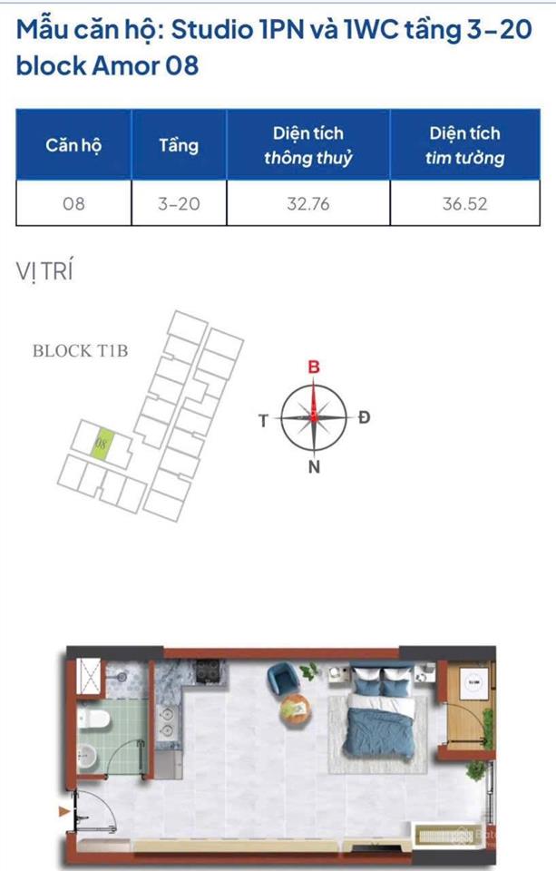 Hiếm có 1 căn studio 36m2 trực tiếp từ cđt view hồ bơi tầng trung