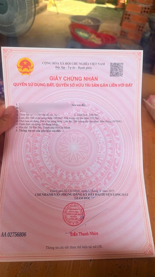 Bán đất trung tâm thị trấn đất đỏ. mặt tiền tạ văn sáu, diện tích 359m2