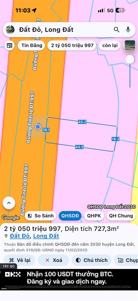 Đất mặt tiền tỉnh lộ 997  720m2, giá chỉ 2,05 tỷ  còn vài lô!