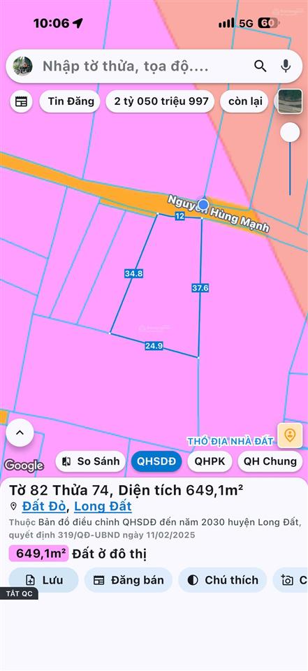 Lô nhà vườn gần chợ đất đỏ  649m2, nở hậu 25m, giá 2,25 tỷ