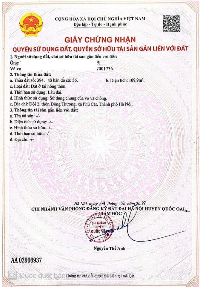 Bán lô đất 2 mặt tiền  full thổ cư vị trí đông thượng, xã phú cát, hà nội. diện tích 109m2