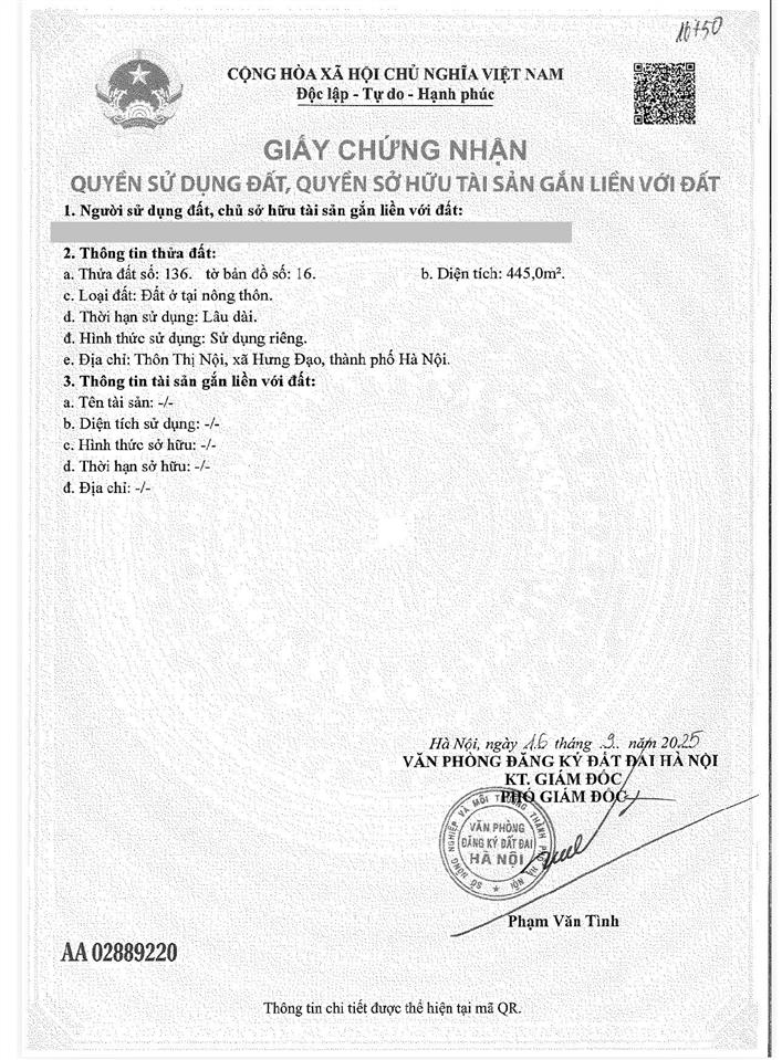 Bán đất tại tân hoà  quốc oai gần đường tl 419, dt 445m2, giá chỉ 19 triệu/m2