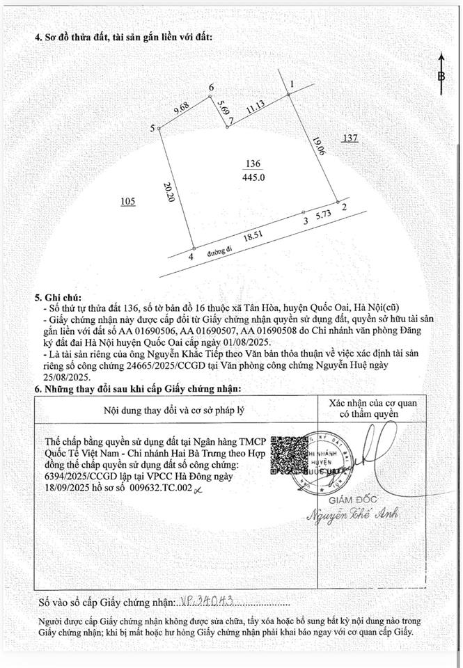 Bán đất tại tân hoà  quốc oai gần đường tl 419, dt 445m2, giá chỉ 19 triệu/m2