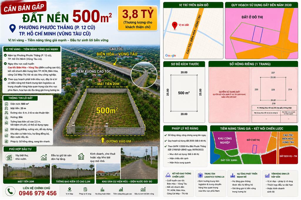 Phước thắng tp. hcm (p12  vt) đón sóng cao tốc, đón đầu đô thị mới 500m2 mặt tiền 20m chỉ 3,8 tỷ
