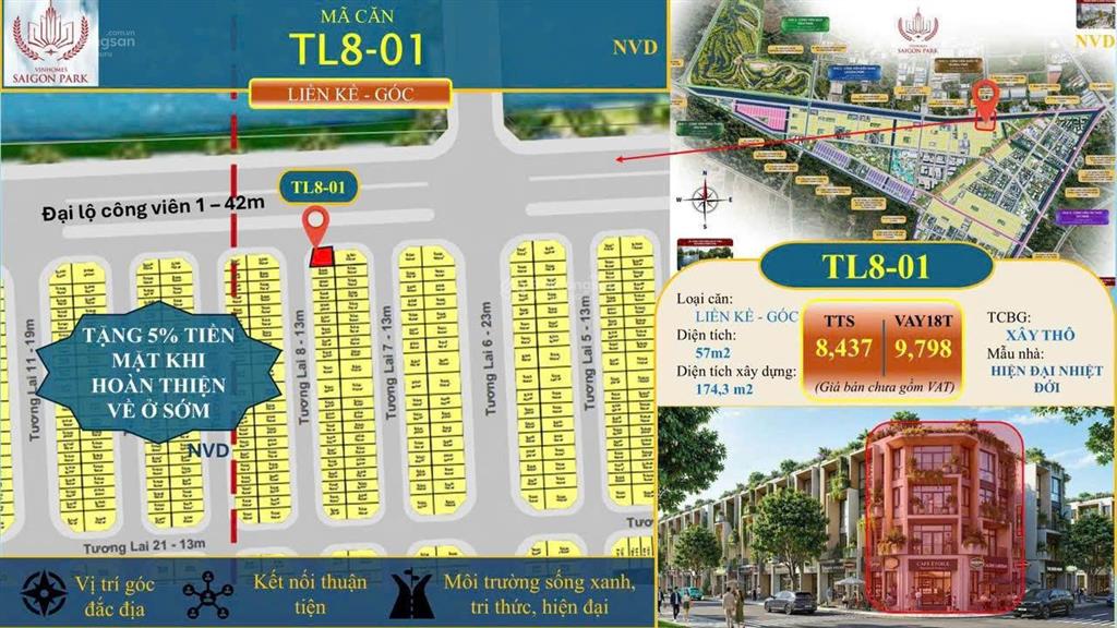 Giỏ hàng độc quyền vinhomes hoc hocmon căn góc 2 mặt tiền 42m, view kênh, giá 9tỷ280tr ngay vincom