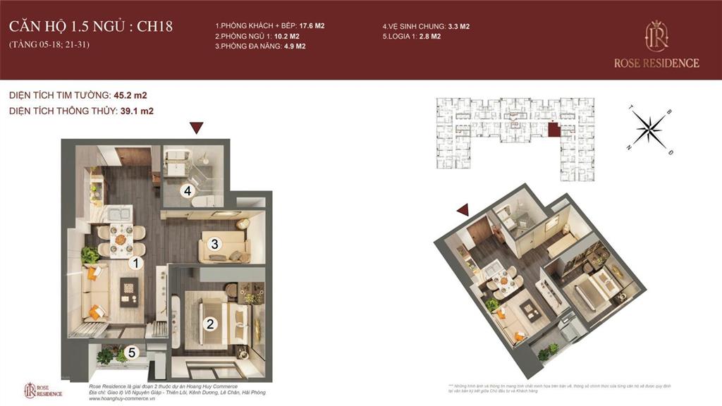 Căn hộ chung cư tại tầng trung, mã căn ch18, tòa rose, rose residence