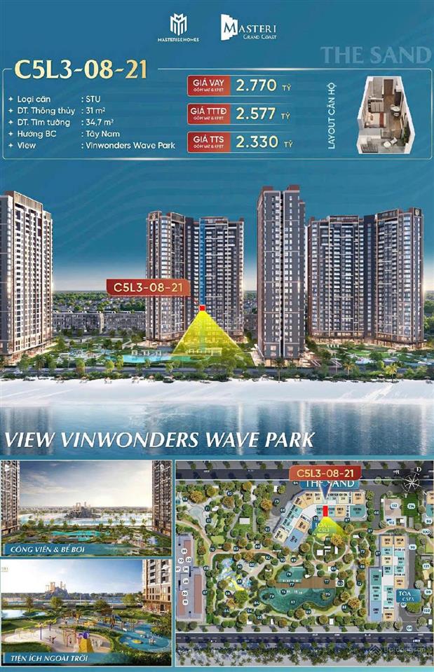 Cần bán căn hộ studio ~ 2.33 tỷ view biển hồ ocean park 2  masteri grand coast phân khu the sand