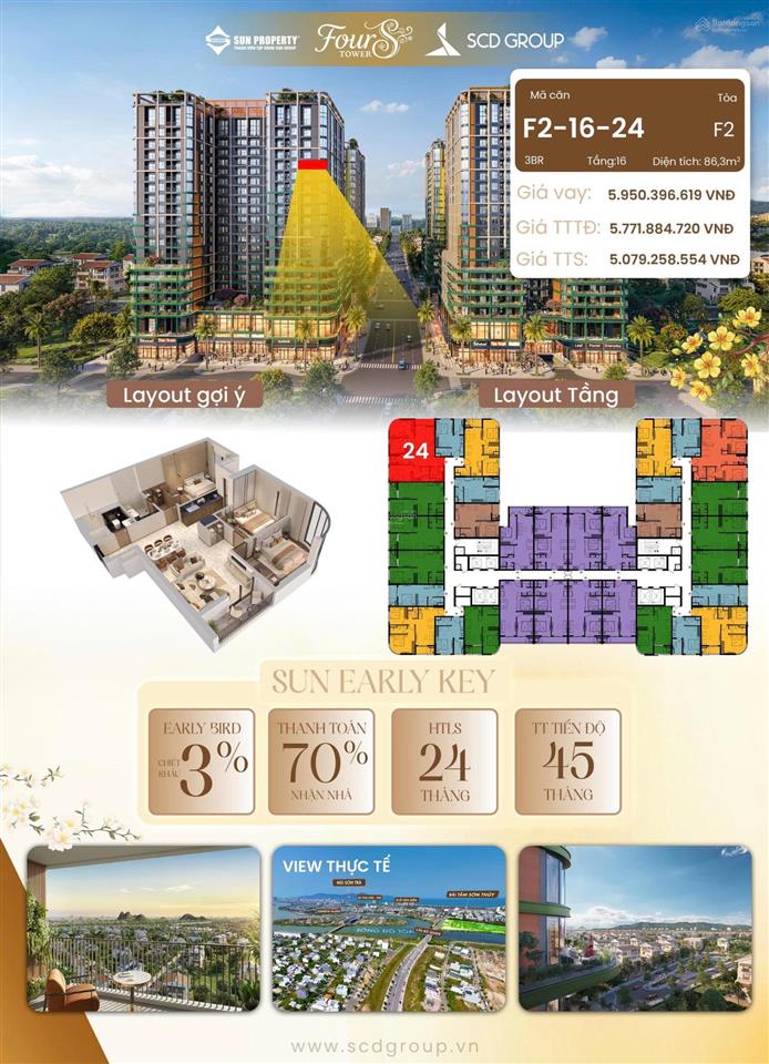 Căn 3pn toà f2 fours tower ck tts 19%. view trực diện biển sơn thuỷ và sông cổ cò