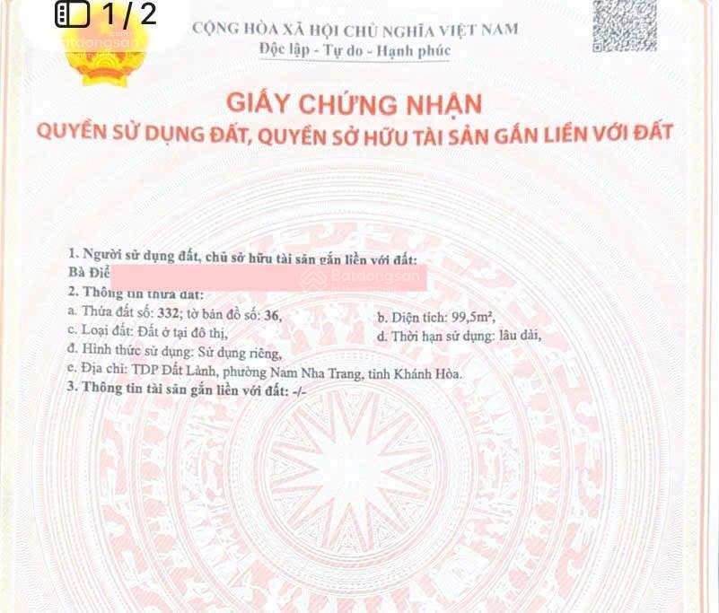 Bán lô đất lành nam nha trang, đường rộng 7m. cách đường phong châu 50m, khu dân cư đông đúc,