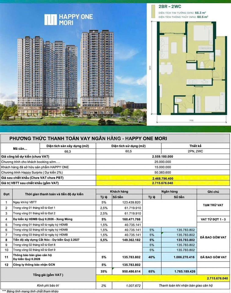 Căn hộ nội bộ happy one mori căn 2pn giá 2,7 tỷ, hỗ trợ hồ sơ chuyển nhượng