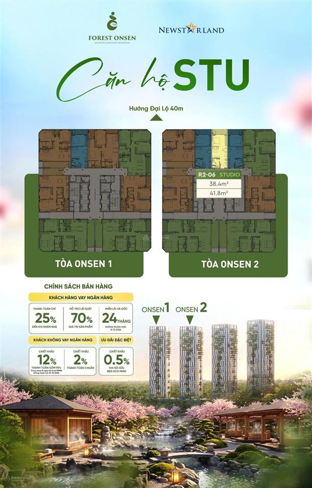 Suất ngoại giao căn hộ khoáng nóng forest onsen, tt chỉ 25% nhận nhà,  trực tiếp cđt