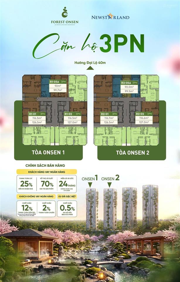 Suất ngoại giao căn hộ khoáng nóng forest onsen, tt chỉ 25% nhận nhà,  trực tiếp cđt