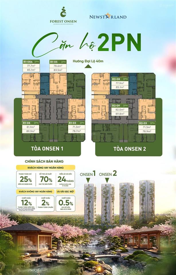 Suất ngoại giao căn hộ khoáng nóng forest onsen, tt chỉ 25% nhận nhà,  trực tiếp cđt