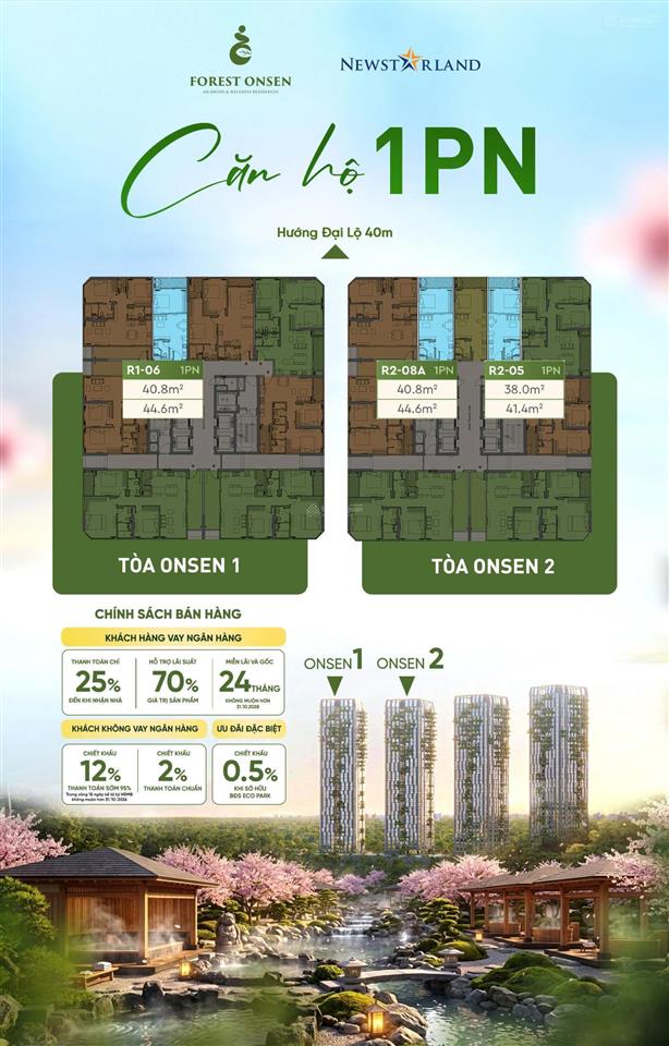 Suất ngoại giao căn hộ khoáng nóng forest onsen, tt chỉ 25% nhận nhà,  trực tiếp cđt