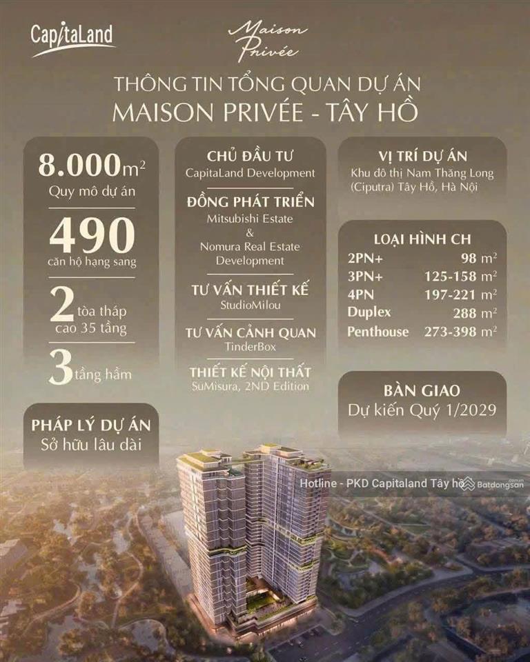 Siêu phẩm tây hồ  mở bán căn hộ maison privée cđt capitaland thang máy riêngchỉ tt 35% nhận nhà