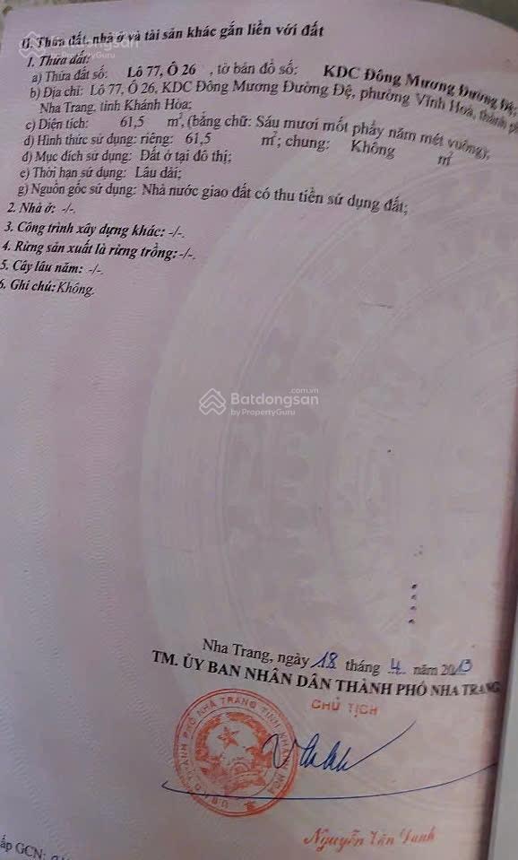 Bán đất mặt tiền gần biển nha trang, gần bến du thuyền quốc tế  đường nhựa rộng 20m  5,6 tỷ