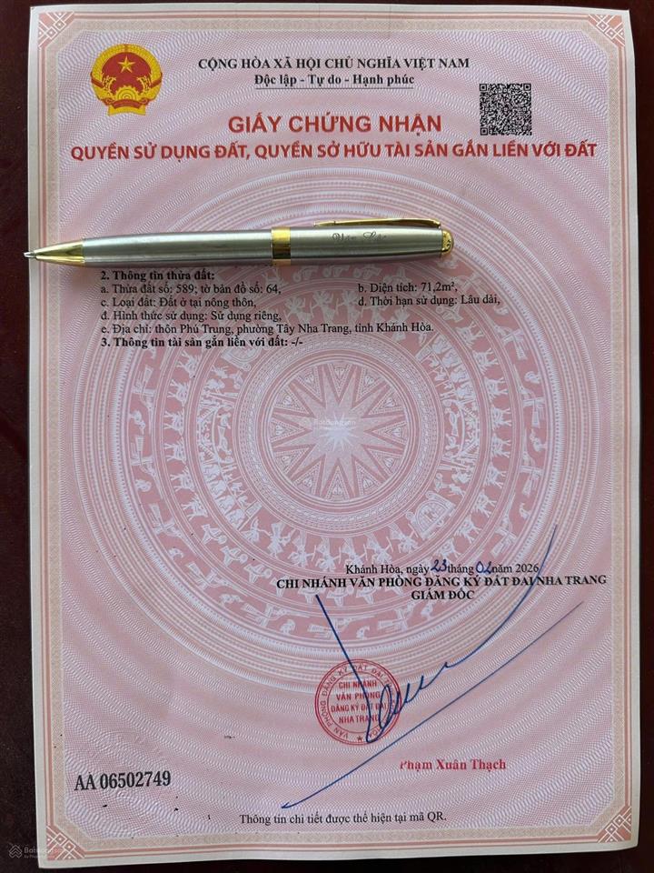 Bán đất đẹp tây nha trang ngang 7m, oto tới nơi, gần chợ ga  chỉ 1,59 tỷ