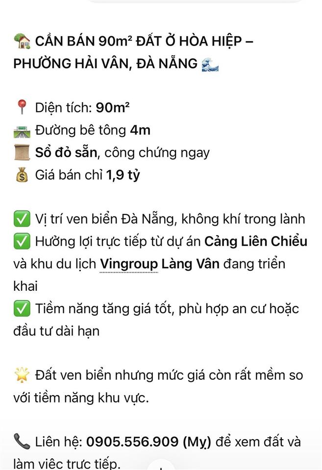 Cần bán 90m² đất ở kiệt 4m tại chân cầu quán hòa hiệp b, phường hải vân, đà nẵng chỉ 1,79tỷ siêu rẻ