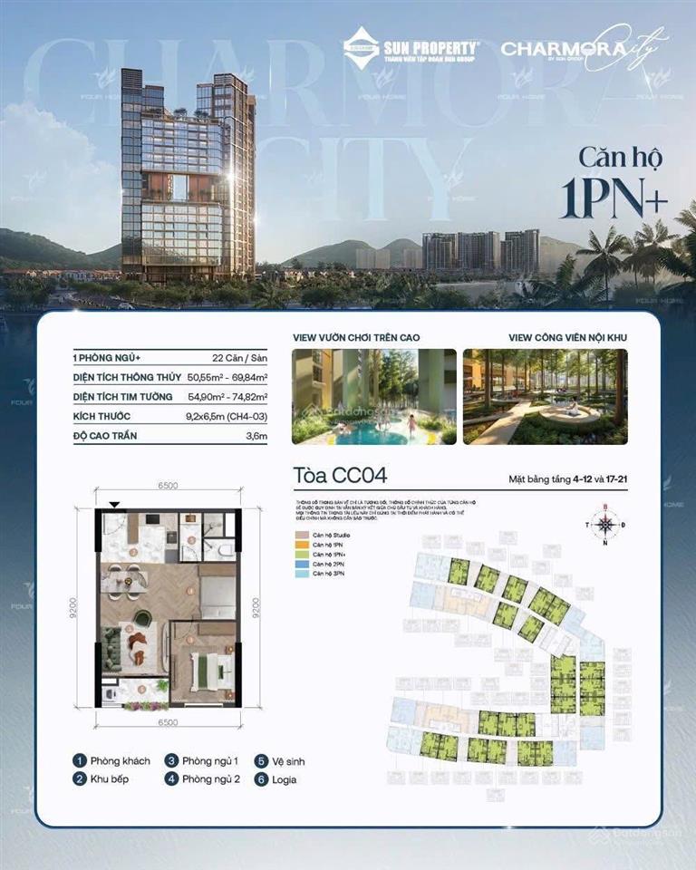 Bán cắt lỗ so với giá gốc 500 triệu căn 1pn view đông nam tầng cao tòa the charm 0901 383 ***