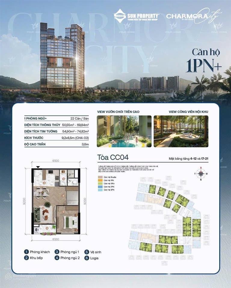 Kẹt tiền bán bằng giá căn 55m2 loại 1pn + toà the charm đẹp nhất dự án sun giá 2.876 tỷ 0901 383 ***