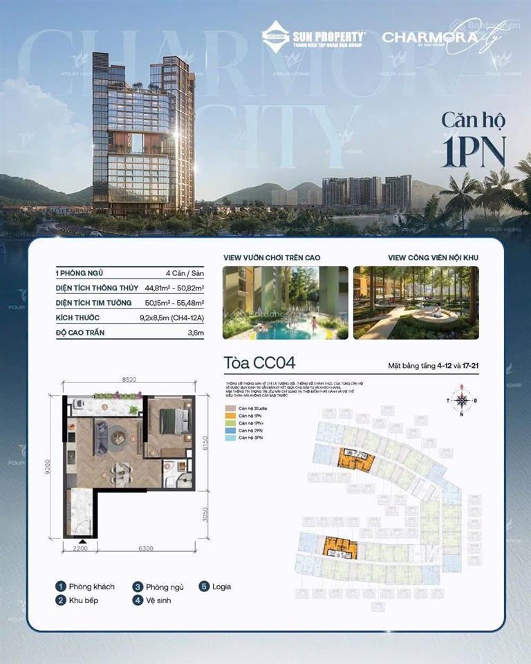 Kẹt tiền bán lỗ 400 triệu so với giá gốc căn the charm 1pn đẹp sun tầng cao  0901 383 ***