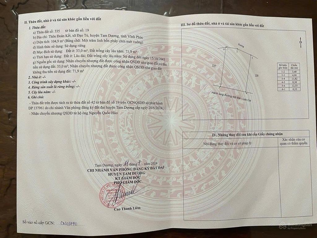 Bán đất đẹp tại xã đạo tú, tam dương, vĩnh phúc, hơn 800 triệu, 105m2