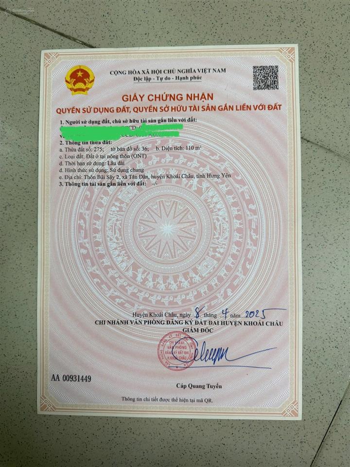 Đất đấu giá tân dân, khoái châu, 4,05 tỷ, 110m2, mt=hậu=5m, đường 7.5m, trường, chợ, 0971 320 ***