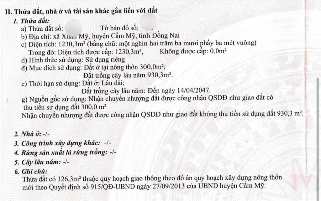 Bán đất thổ cư tại xuân mỹ cẩm mỹ đồng nai 1230 m² chỉ 7,9 tỷ